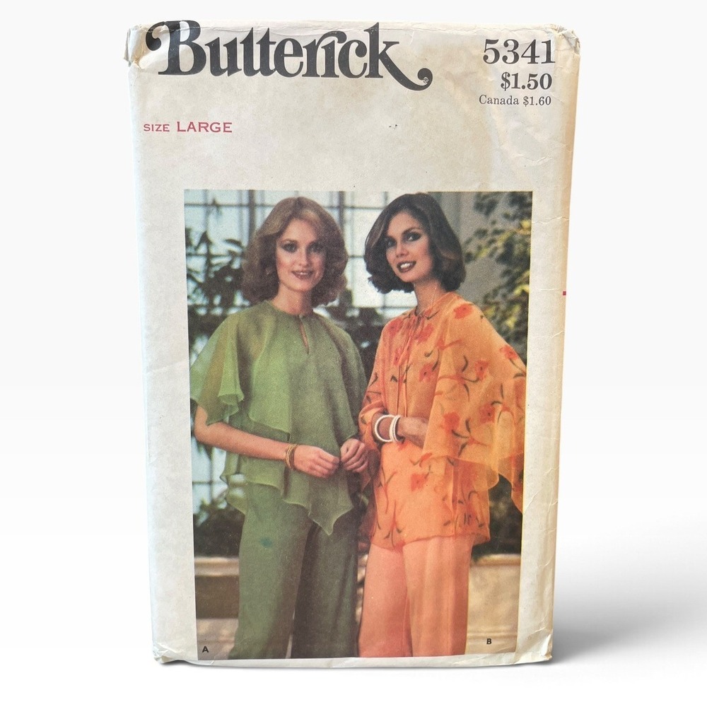 Butterick Sewing Pattern 5341 Misses Large 1970s Blouse Capelet Butterfly Sleeve